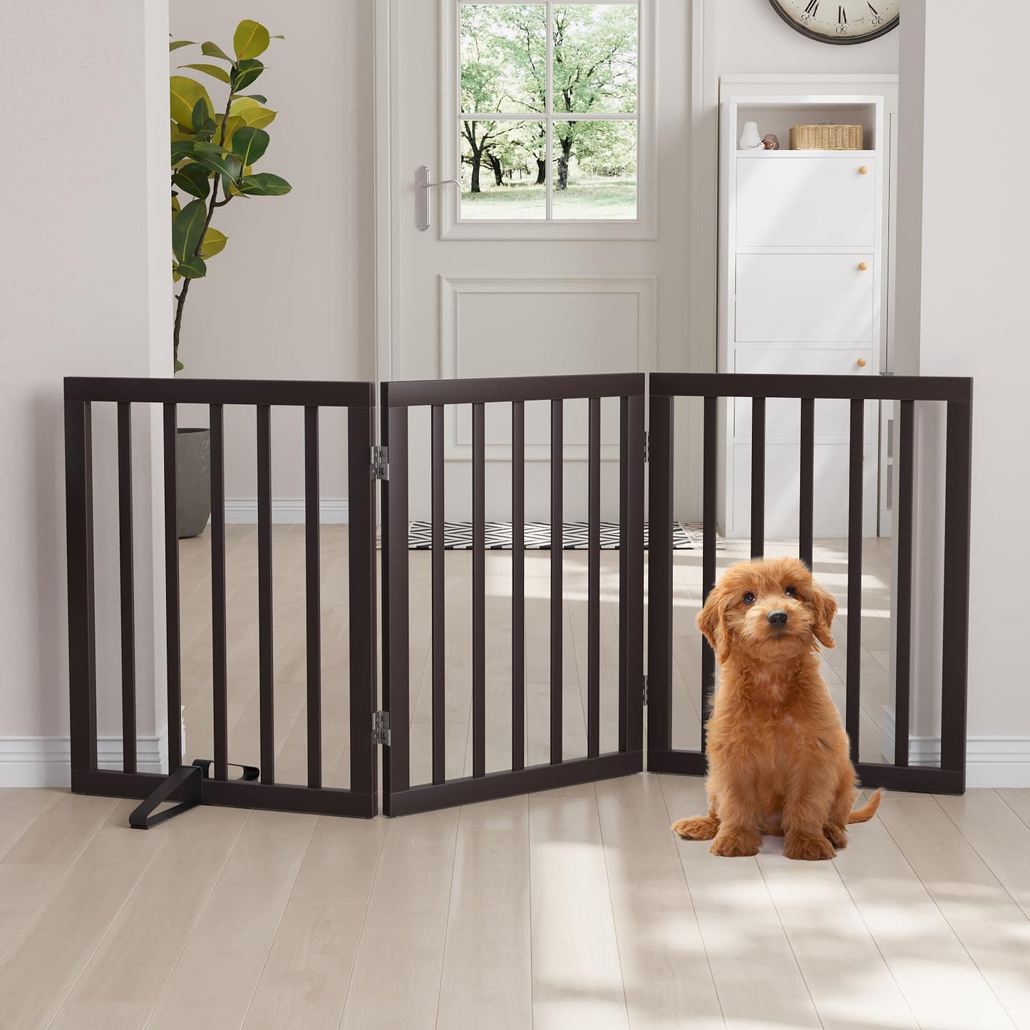 Semiocthome Bamboo Freestanding Dog Gates for Doorways, 2-Panel Indoor Puppy Gates for The House with 2 Metal Stands, 60cm(H) Folding Pet Gate for Stairs Expands Up to 94cm(W) White