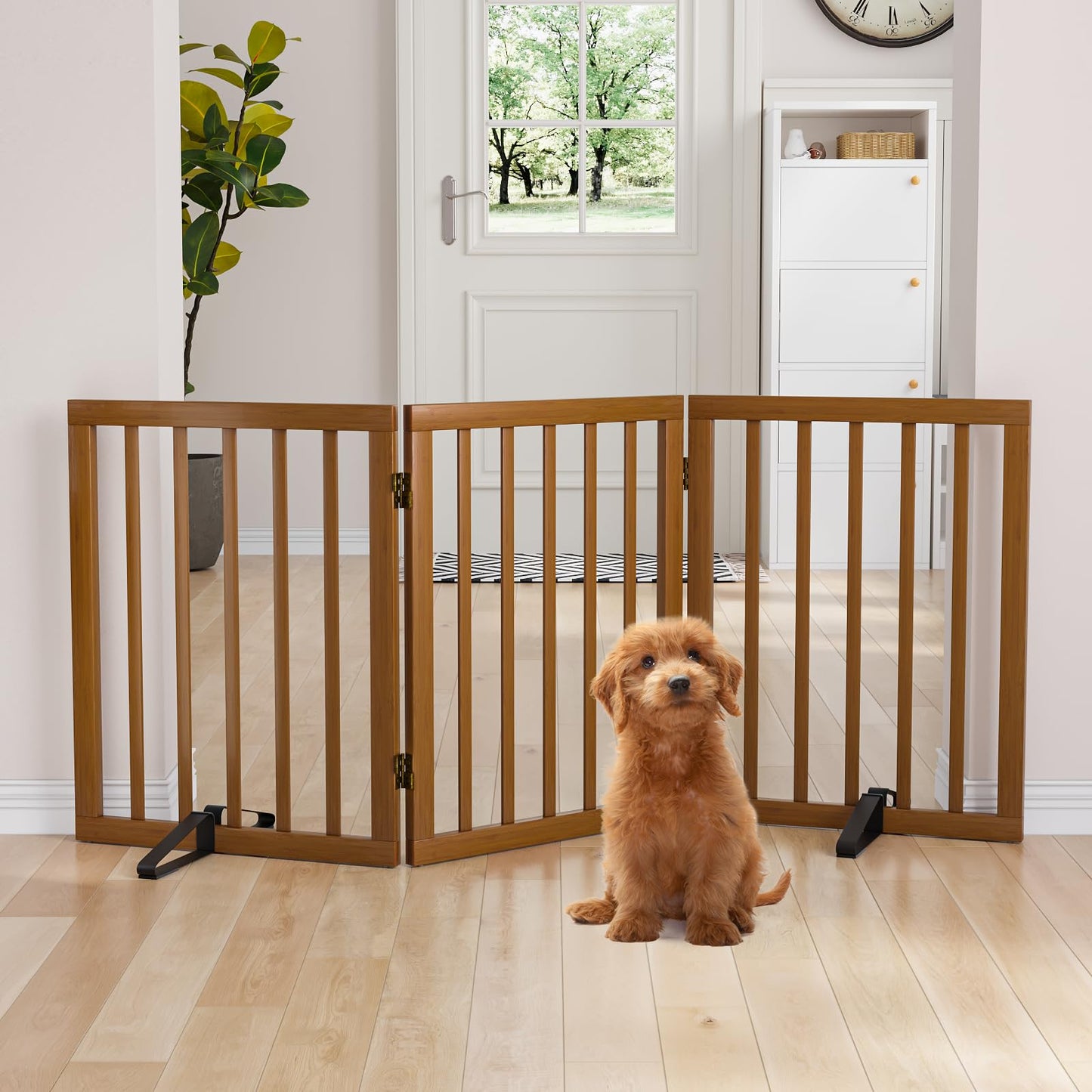 Semiocthome Bamboo Freestanding Dog Gates for Doorways, 2-Panel Indoor Puppy Gates for The House with 2 Metal Stands, 60cm(H) Folding Pet Gate for Stairs Expands Up to 94cm(W) White
