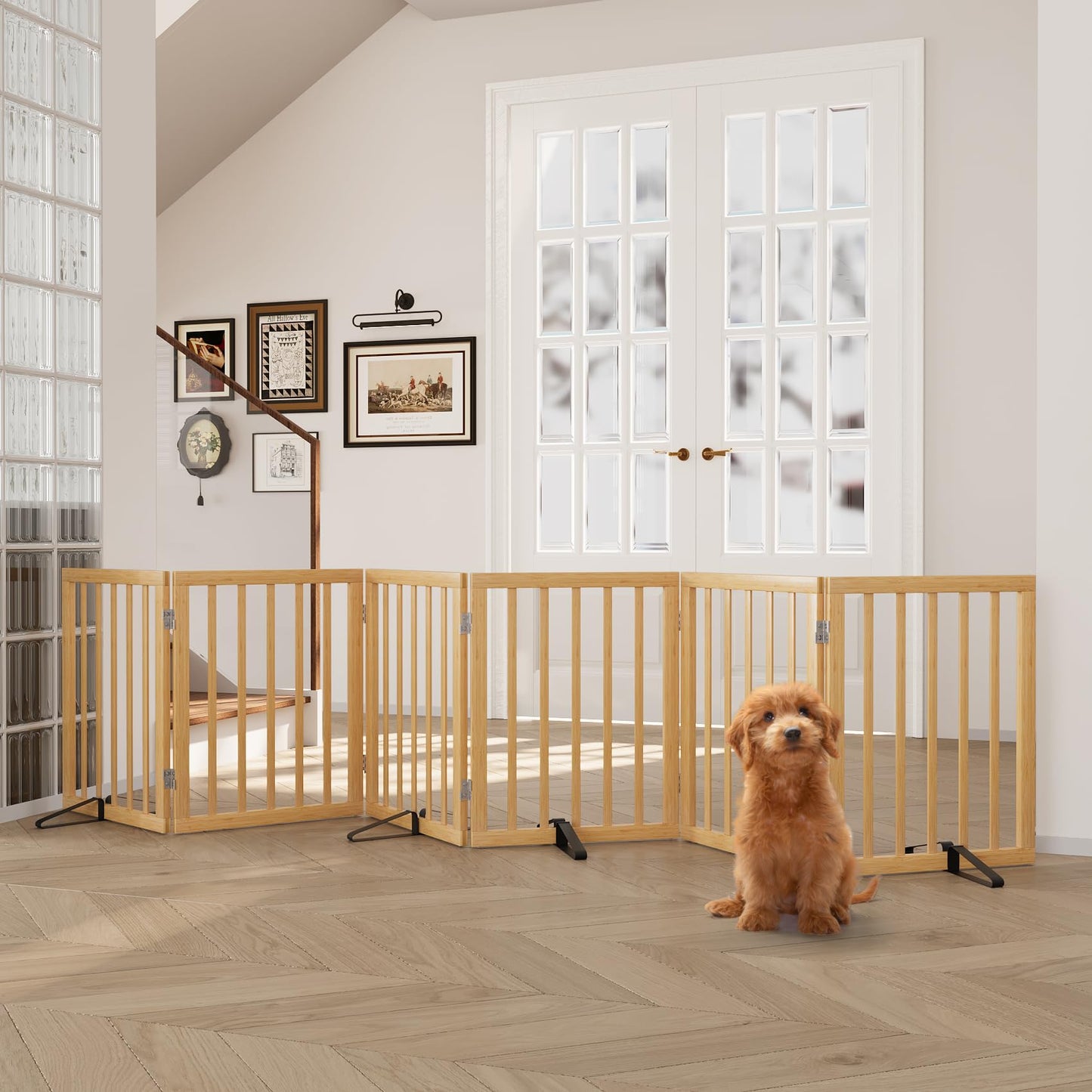 Semiocthome Bamboo Freestanding Dog Gates for Doorways, 2-Panel Indoor Puppy Gates for The House with 2 Metal Stands, 60cm(H) Folding Pet Gate for Stairs Expands Up to 94cm(W) White