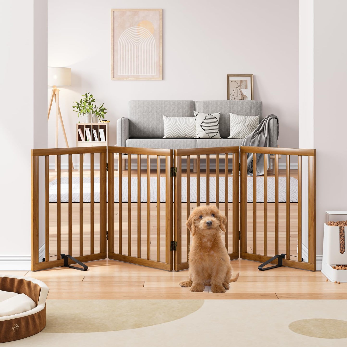 Semiocthome Bamboo Freestanding Dog Gates for Doorways, 2-Panel Indoor Puppy Gates for The House with 2 Metal Stands, 60cm(H) Folding Pet Gate for Stairs Expands Up to 94cm(W) White