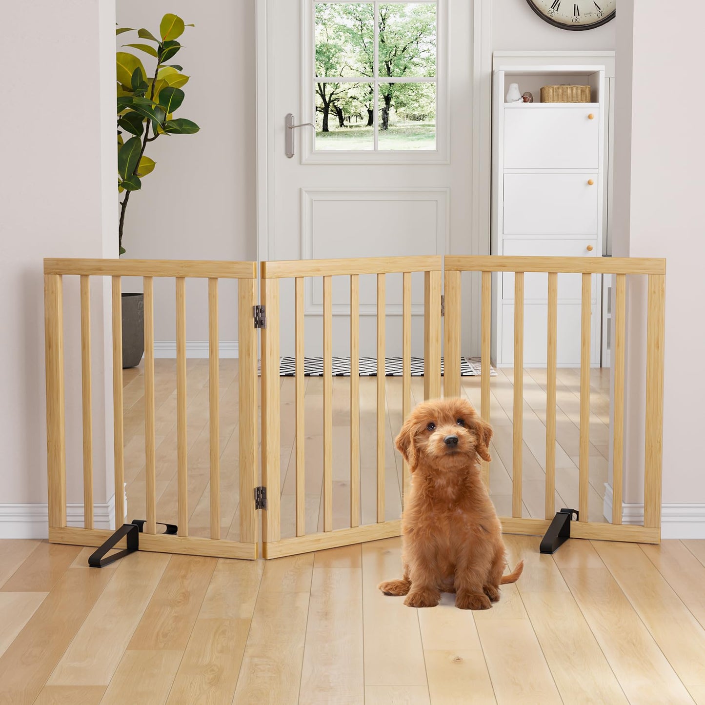 Semiocthome Bamboo Freestanding Dog Gates for Doorways, 2-Panel Indoor Puppy Gates for The House with 2 Metal Stands, 60cm(H) Folding Pet Gate for Stairs Expands Up to 94cm(W) White