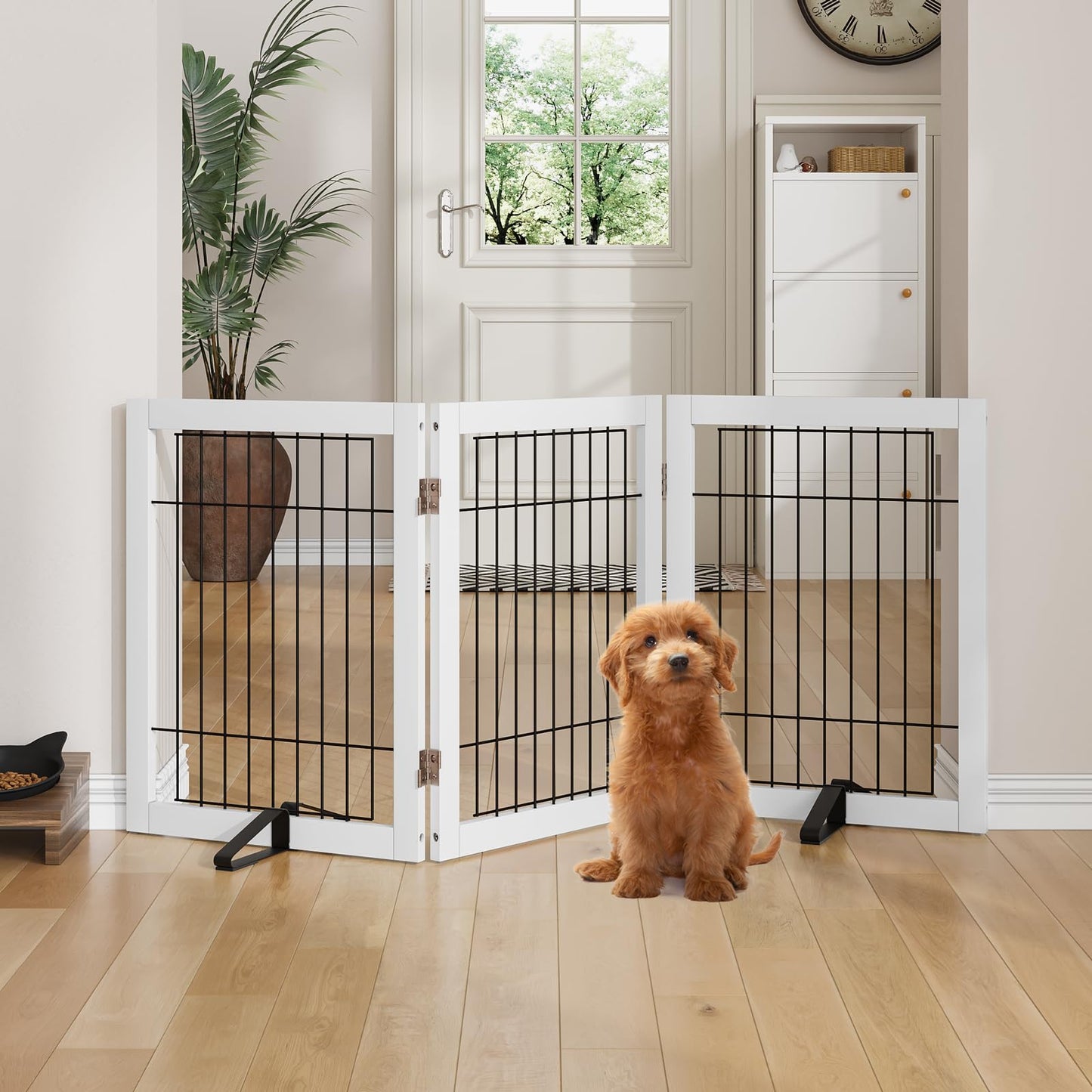 Semiocthome Bamboo Freestanding Dog Gates for Doorways, 2-Panel Indoor Puppy Gates for The House with 2 Metal Stands, 60cm(H) Folding Pet Gate for Stairs Expands Up to 94cm(W) White