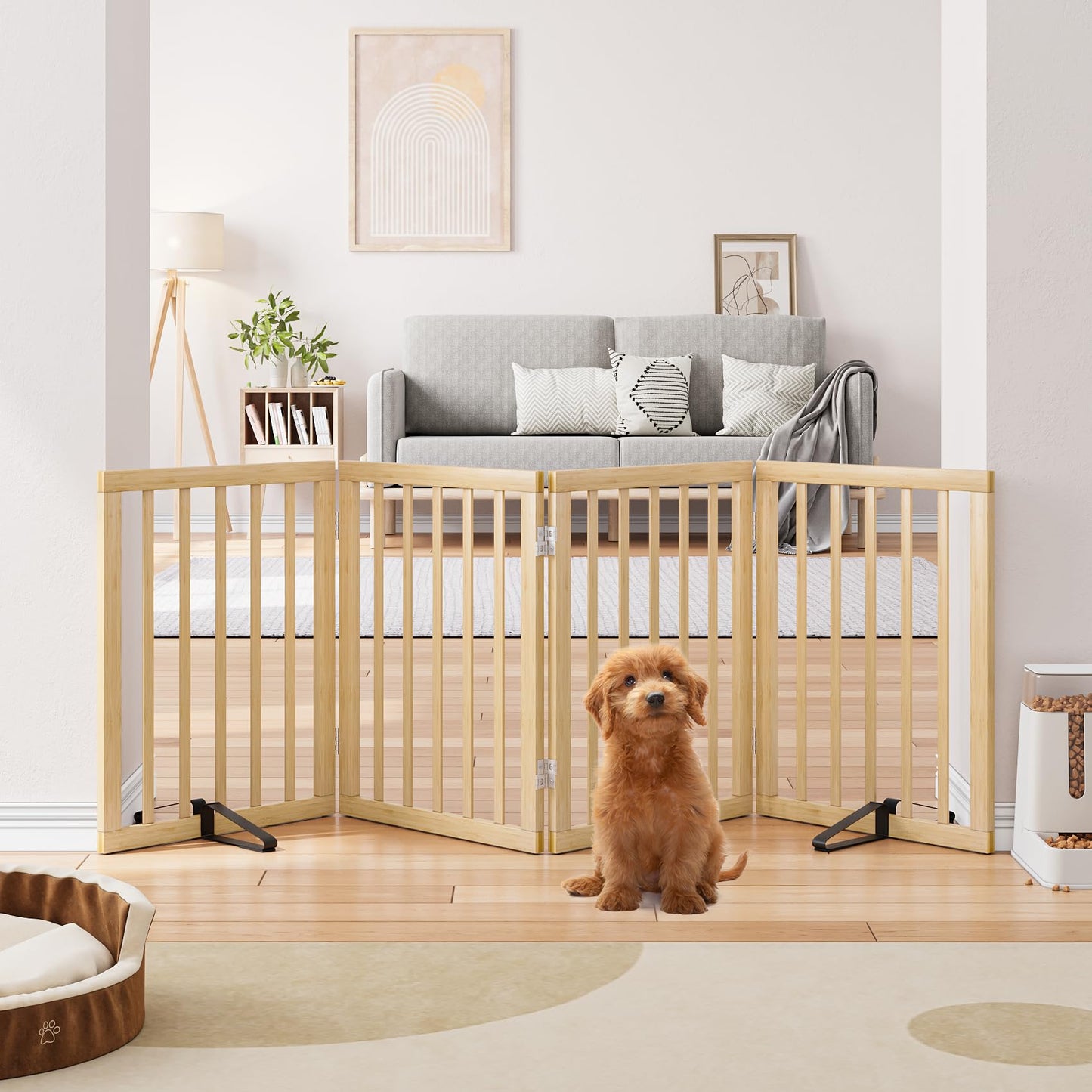 Semiocthome Bamboo Freestanding Dog Gates for Doorways, 2-Panel Indoor Puppy Gates for The House with 2 Metal Stands, 60cm(H) Folding Pet Gate for Stairs Expands Up to 94cm(W) White
