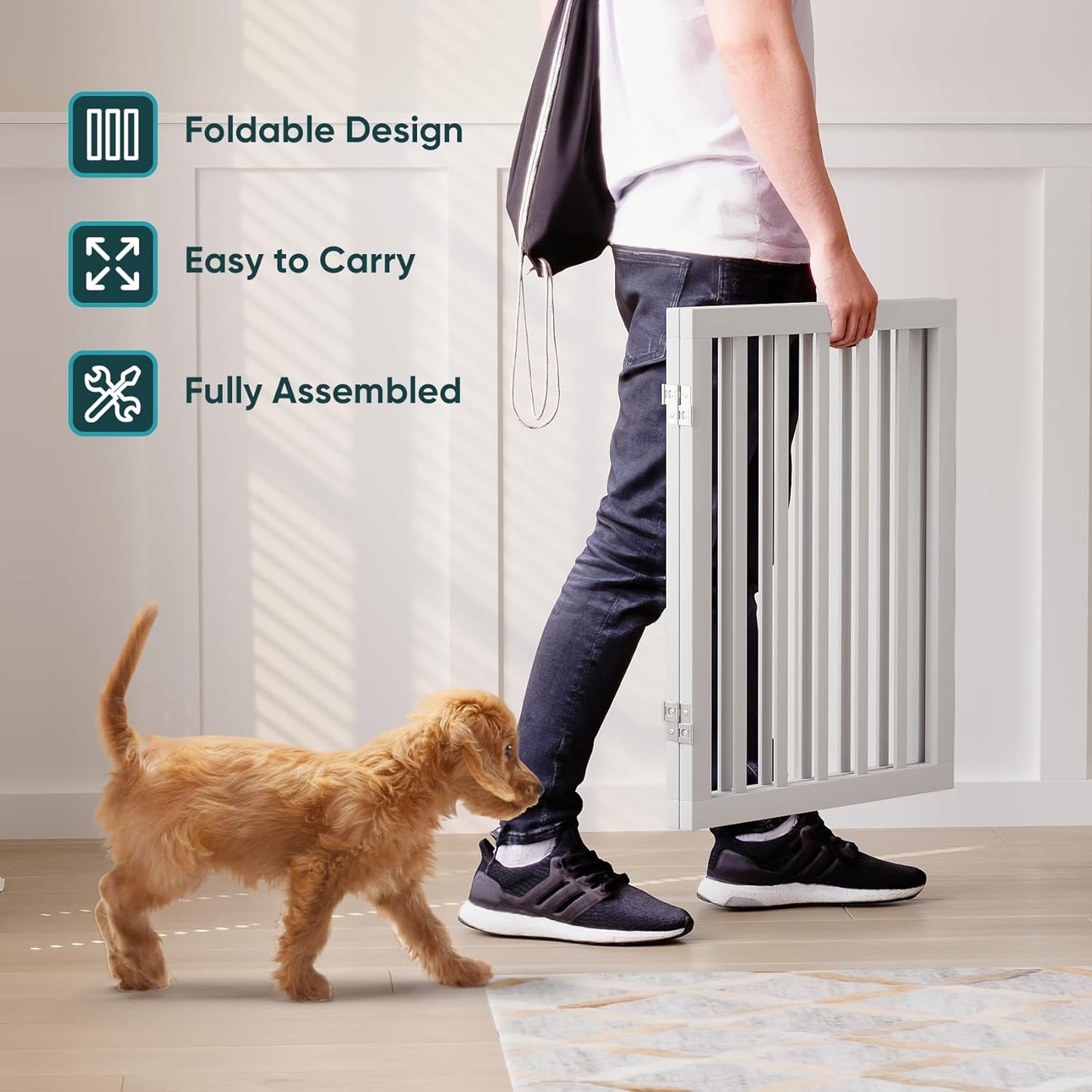 Semiocthome Bamboo Freestanding Dog Gates for Doorways, 2-Panel Indoor Puppy Gates for The House with 2 Metal Stands, 60cm(H) Folding Pet Gate for Stairs Expands Up to 94cm(W) White