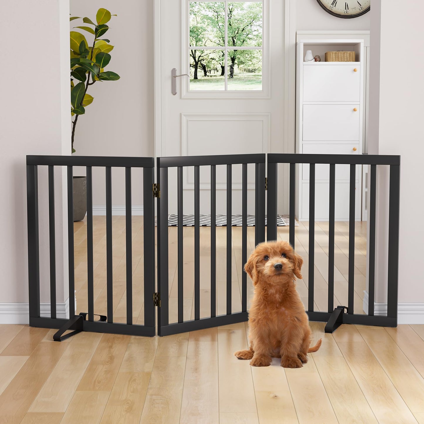 Semiocthome Bamboo Freestanding Dog Gates for Doorways, 2-Panel Indoor Puppy Gates for The House with 2 Metal Stands, 60cm(H) Folding Pet Gate for Stairs Expands Up to 94cm(W) White