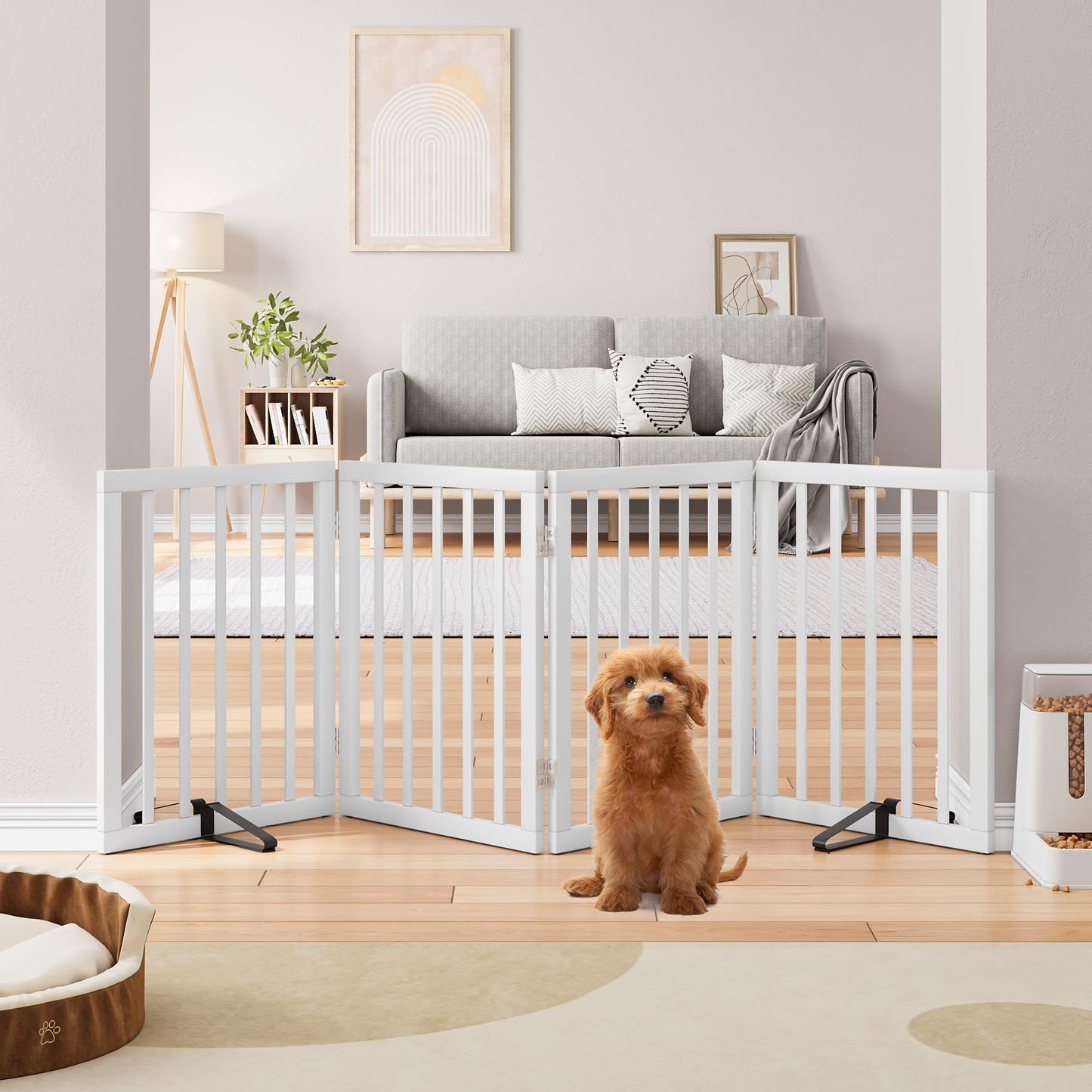 Semiocthome Bamboo Freestanding Dog Gates for Doorways, 2-Panel Indoor Puppy Gates for The House with 2 Metal Stands, 60cm(H) Folding Pet Gate for Stairs Expands Up to 94cm(W) White