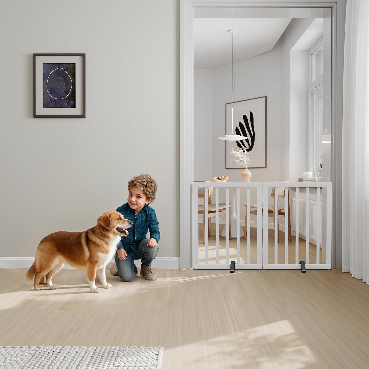 Semiocthome Bamboo Freestanding Dog Gates for Doorways, 2-Panel Indoor Puppy Gates for The House with 2 Metal Stands, 60cm(H) Folding Pet Gate for Stairs Expands Up to 94cm(W) White