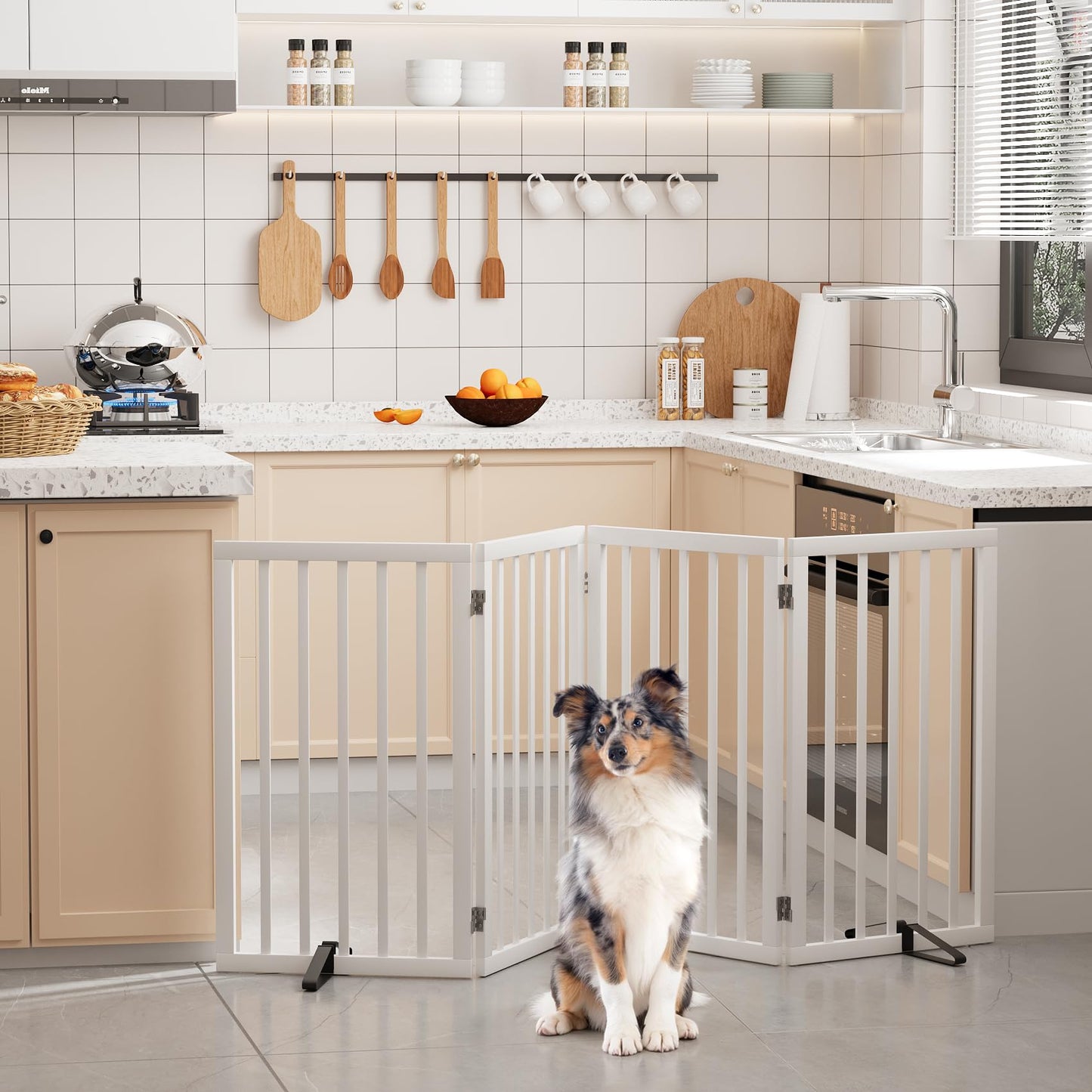 Semiocthome Bamboo Freestanding Dog Gates for Doorways, 2-Panel Indoor Puppy Gates for The House with 2 Metal Stands, 60cm(H) Folding Pet Gate for Stairs Expands Up to 94cm(W) White