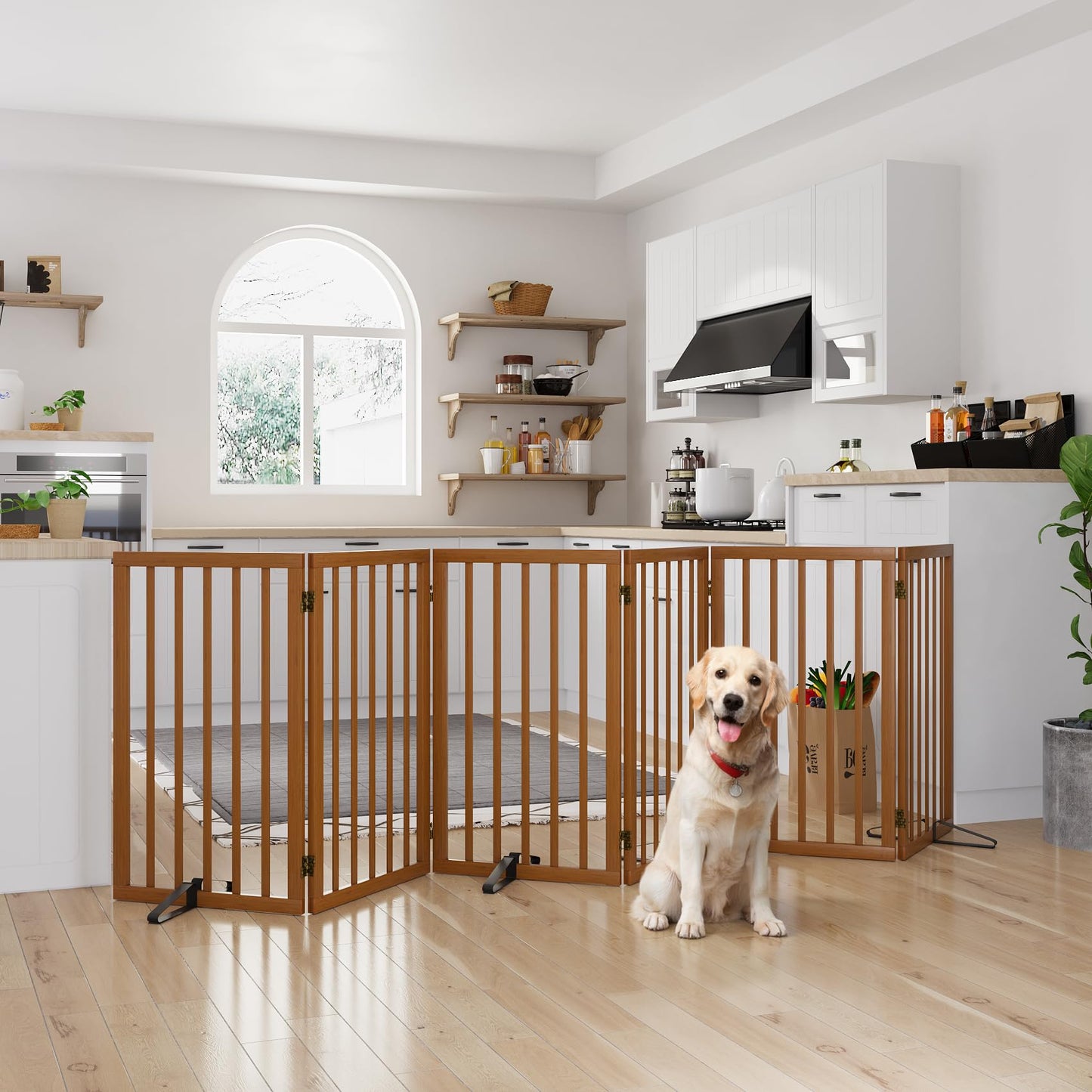 Semiocthome Bamboo Freestanding Dog Gates for Doorways, 2-Panel Indoor Puppy Gates for The House with 2 Metal Stands, 60cm(H) Folding Pet Gate for Stairs Expands Up to 94cm(W) White