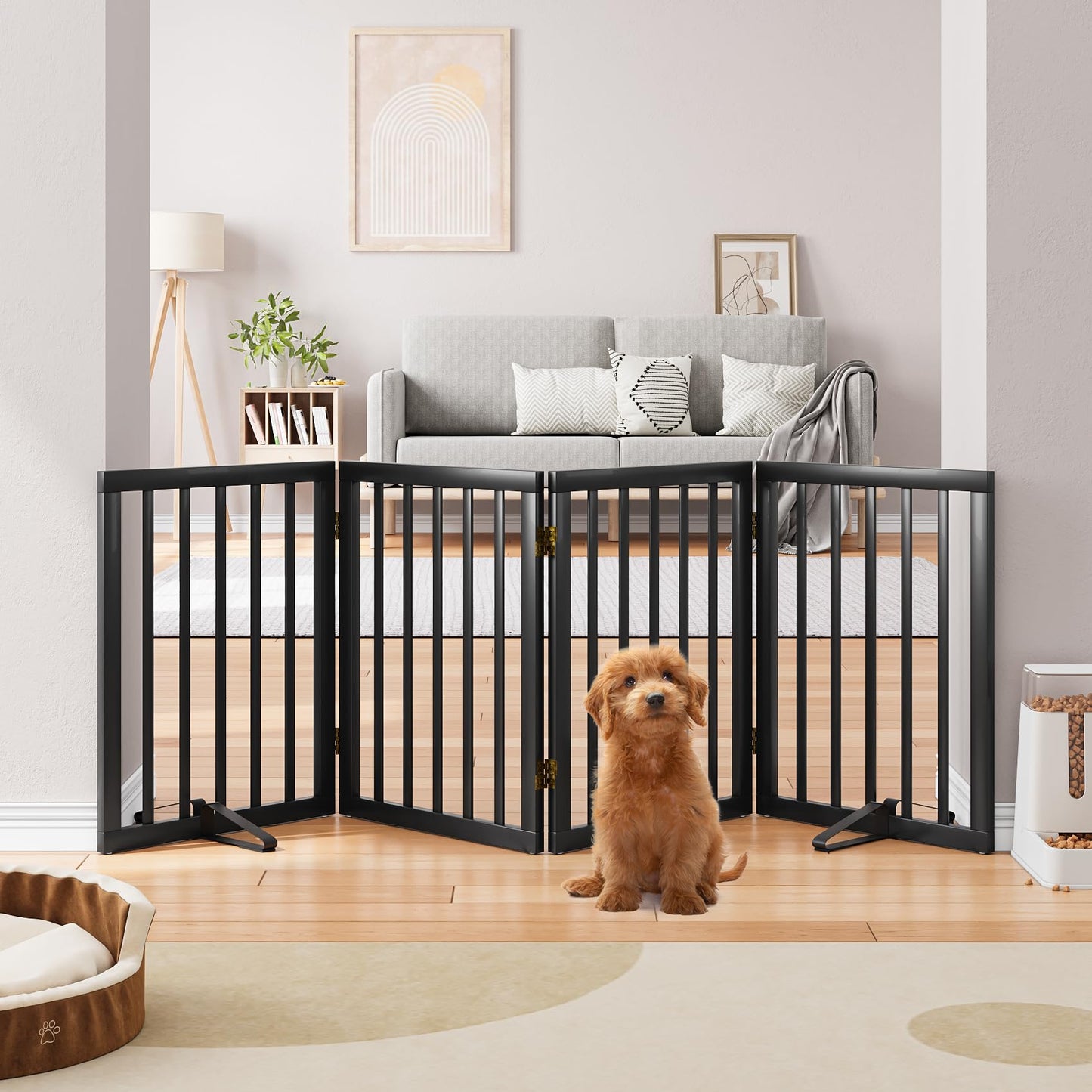 Semiocthome Bamboo Freestanding Dog Gates for Doorways, 2-Panel Indoor Puppy Gates for The House with 2 Metal Stands, 60cm(H) Folding Pet Gate for Stairs Expands Up to 94cm(W) White
