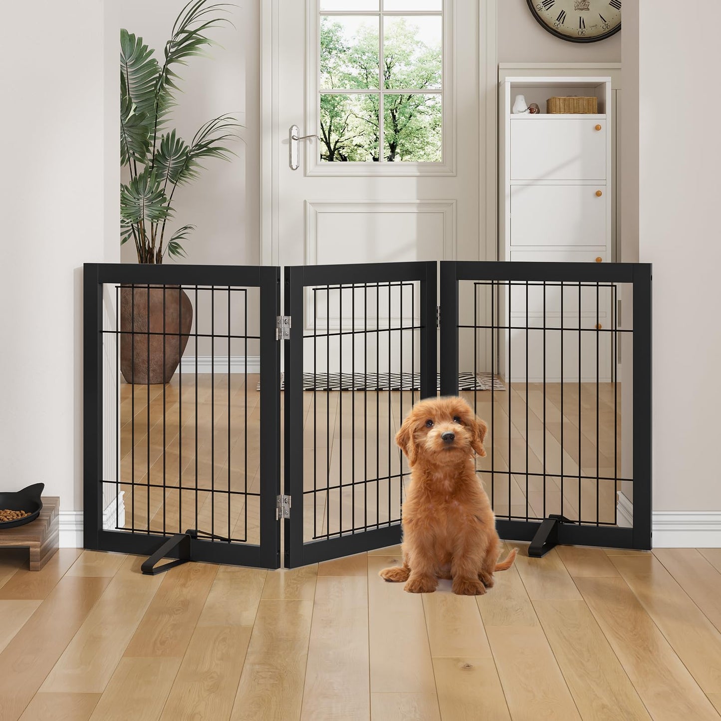 Semiocthome Bamboo Freestanding Dog Gates for Doorways, 2-Panel Indoor Puppy Gates for The House with 2 Metal Stands, 60cm(H) Folding Pet Gate for Stairs Expands Up to 94cm(W) White