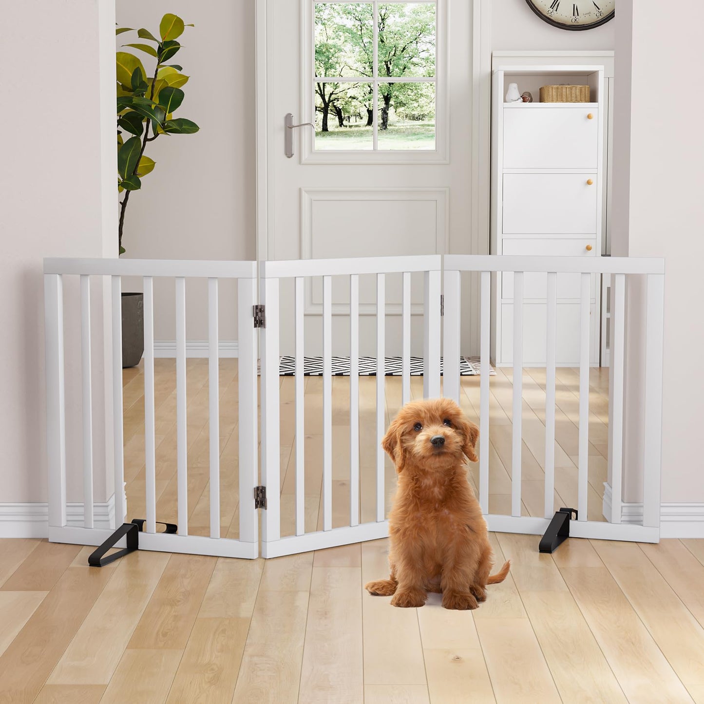 Semiocthome Bamboo Freestanding Dog Gates for Doorways, 2-Panel Indoor Puppy Gates for The House with 2 Metal Stands, 60cm(H) Folding Pet Gate for Stairs Expands Up to 94cm(W) White