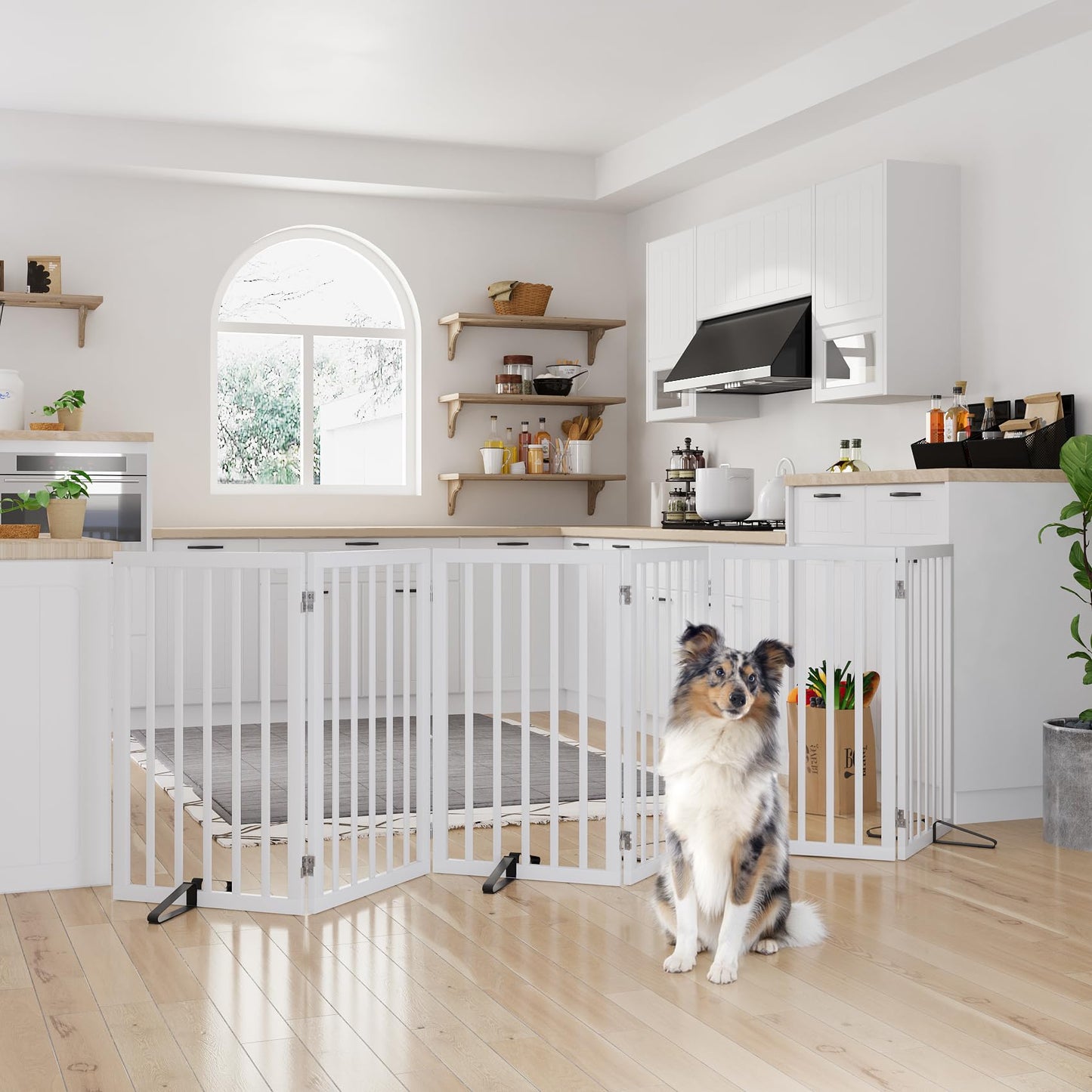Semiocthome Bamboo Freestanding Dog Gates for Doorways, 2-Panel Indoor Puppy Gates for The House with 2 Metal Stands, 60cm(H) Folding Pet Gate for Stairs Expands Up to 94cm(W) White