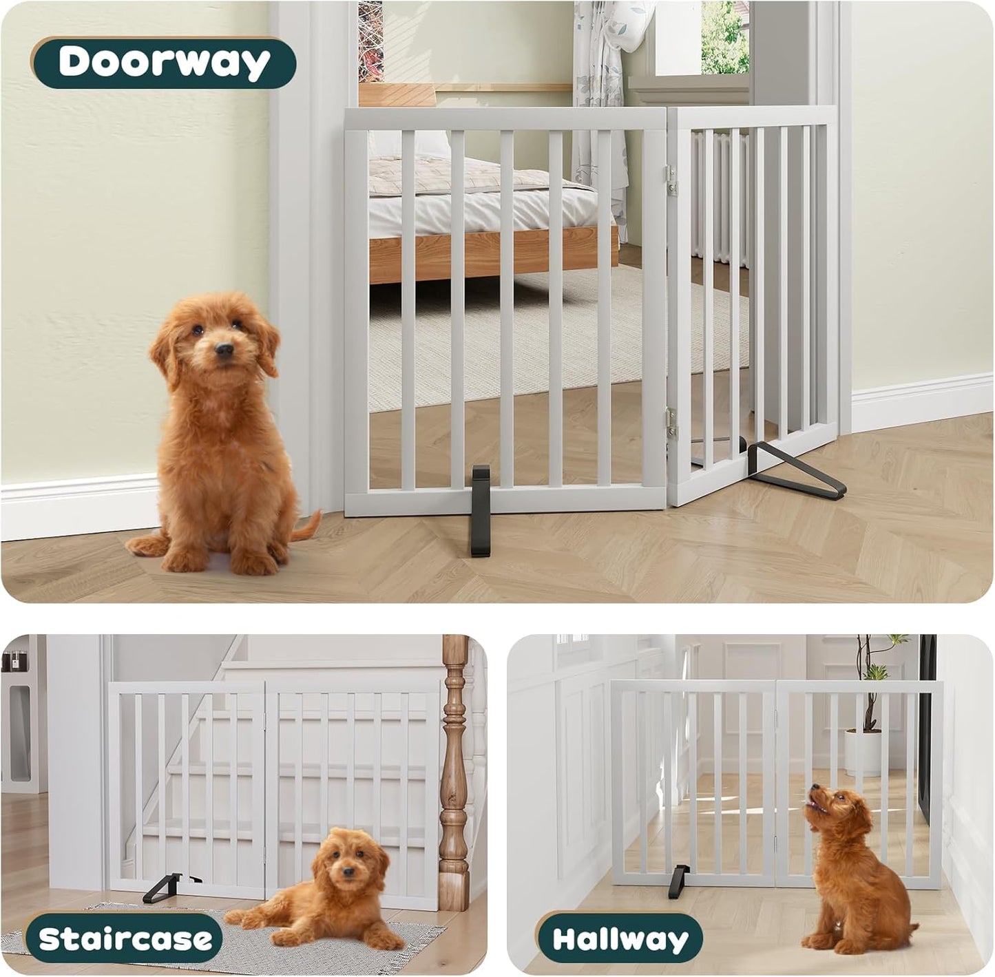 Semiocthome Bamboo Freestanding Dog Gates for Doorways, 2-Panel Indoor Puppy Gates for The House with 2 Metal Stands, 60cm(H) Folding Pet Gate for Stairs Expands Up to 94cm(W) White
