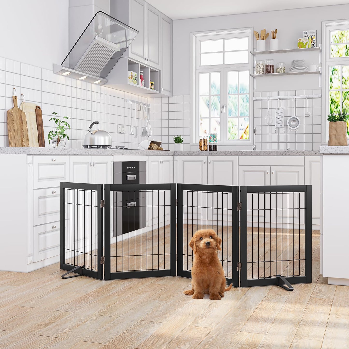 Semiocthome Bamboo Freestanding Dog Gates for Doorways, 2-Panel Indoor Puppy Gates for The House with 2 Metal Stands, 60cm(H) Folding Pet Gate for Stairs Expands Up to 94cm(W) White