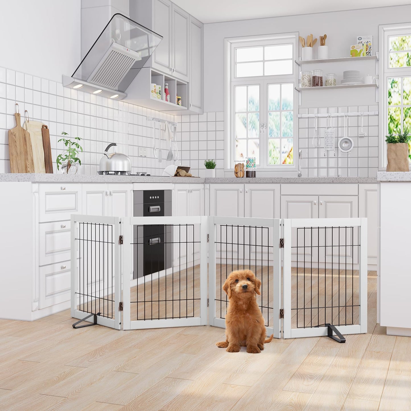 Semiocthome Bamboo Freestanding Dog Gates for Doorways, 2-Panel Indoor Puppy Gates for The House with 2 Metal Stands, 60cm(H) Folding Pet Gate for Stairs Expands Up to 94cm(W) White