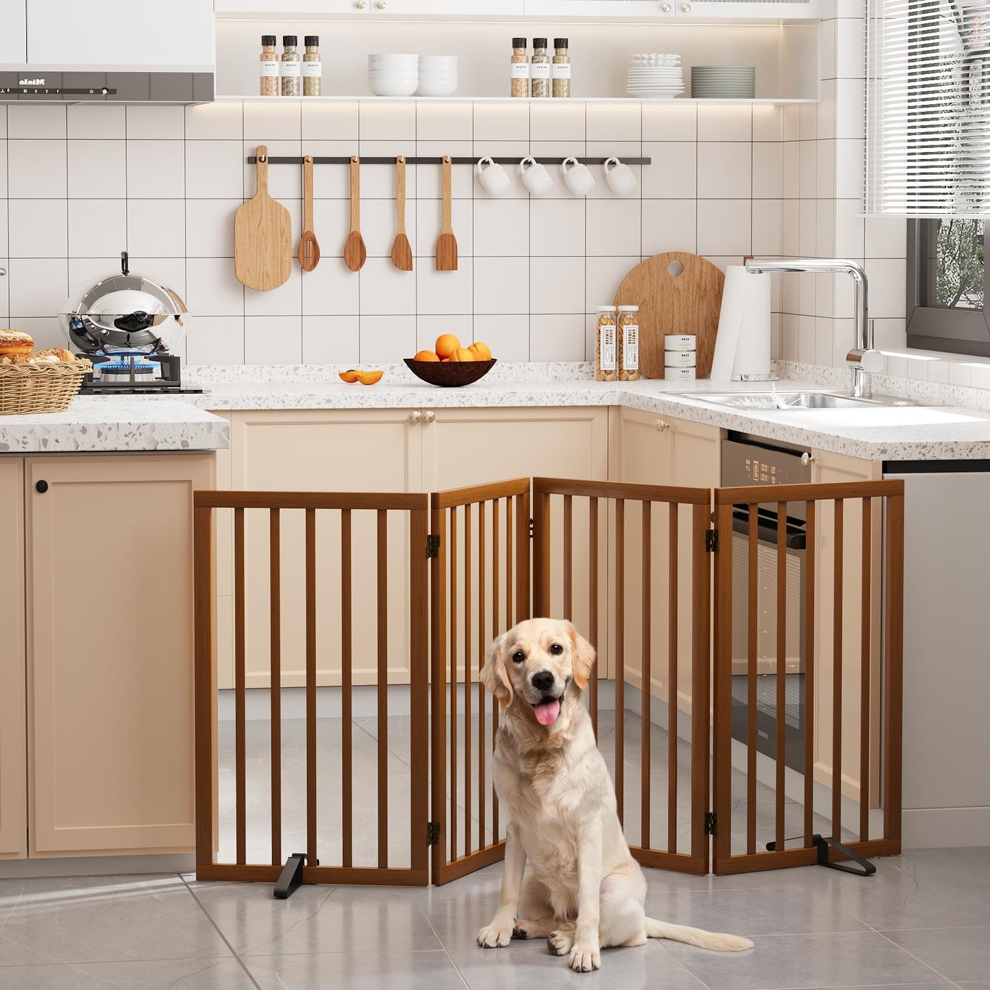 Semiocthome Bamboo Freestanding Dog Gates for Doorways, 2-Panel Indoor Puppy Gates for The House with 2 Metal Stands, 60cm(H) Folding Pet Gate for Stairs Expands Up to 94cm(W) White