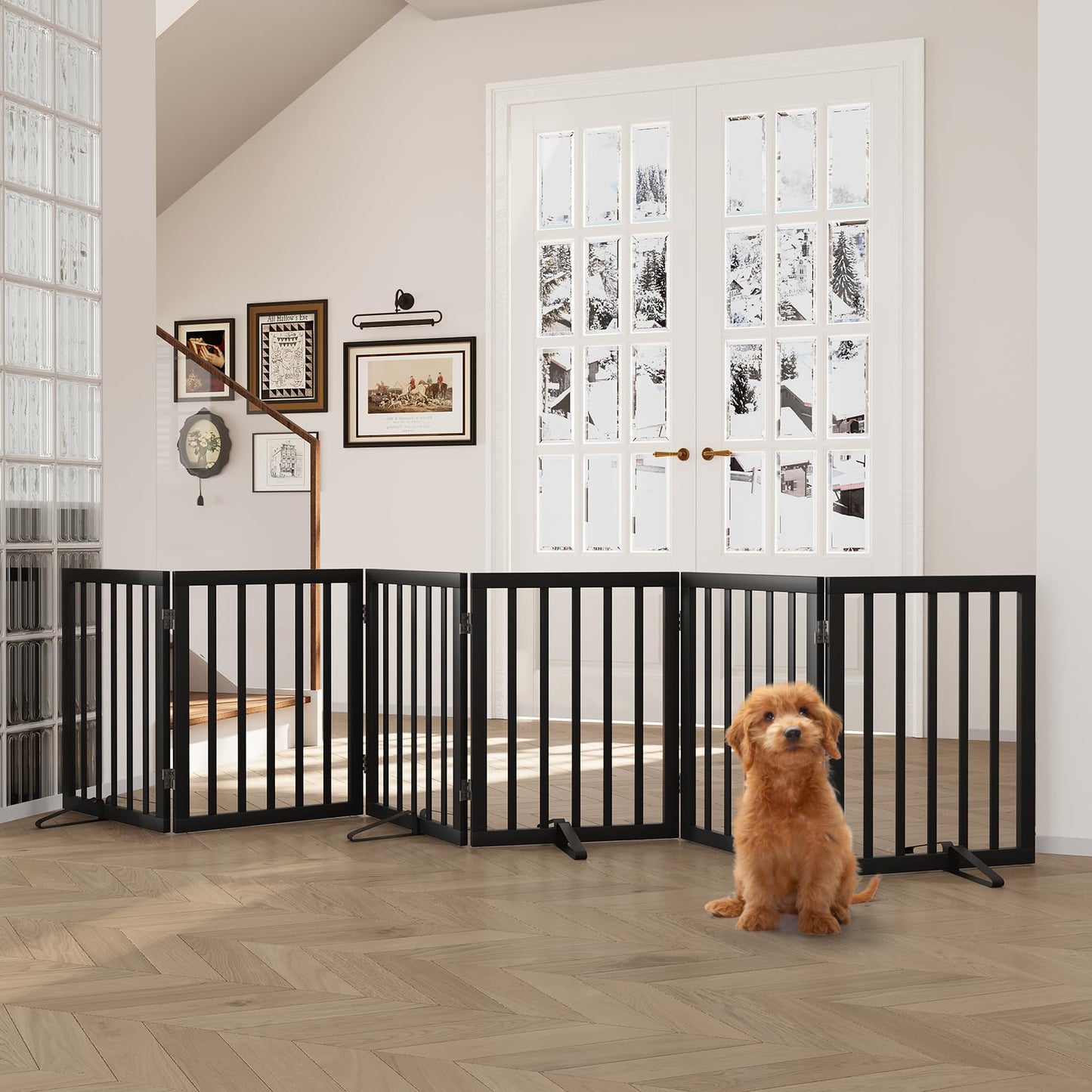 Semiocthome Bamboo Freestanding Dog Gates for Doorways, 2-Panel Indoor Puppy Gates for The House with 2 Metal Stands, 60cm(H) Folding Pet Gate for Stairs Expands Up to 94cm(W) White