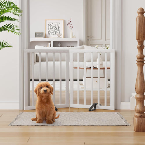 Semiocthome Bamboo Freestanding Dog Gates for Doorways, 2-Panel Indoor Puppy Gates for The House with 2 Metal Stands, 60cm(H) Folding Pet Gate for Stairs Expands Up to 94cm(W) White