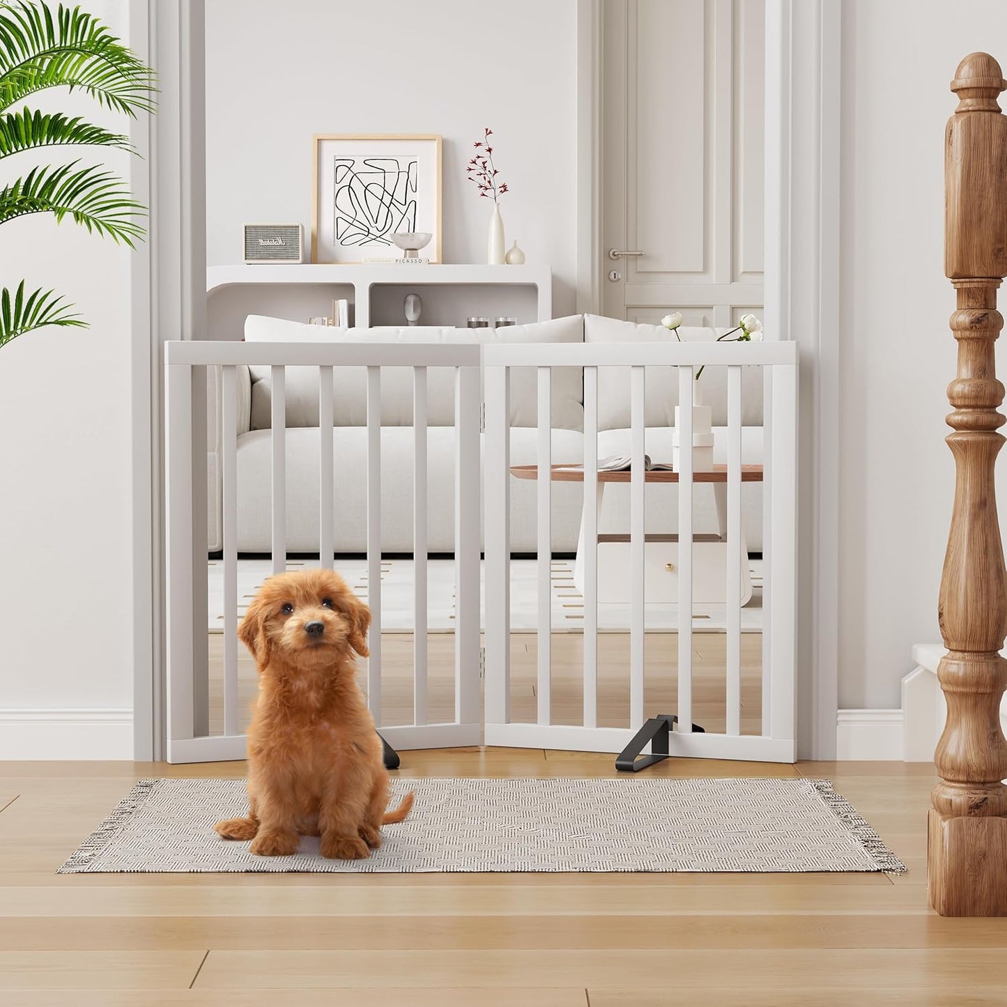 Semiocthome Bamboo Freestanding Dog Gates for Doorways, 2-Panel Indoor Puppy Gates for The House with 2 Metal Stands, 60cm(H) Folding Pet Gate for Stairs Expands Up to 94cm(W) White