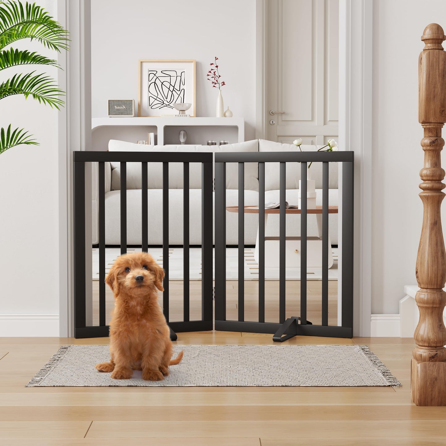 Semiocthome Bamboo Freestanding Dog Gates for Doorways, 2-Panel Indoor Puppy Gates for The House with 2 Metal Stands, 60cm(H) Folding Pet Gate for Stairs Expands Up to 94cm(W) White