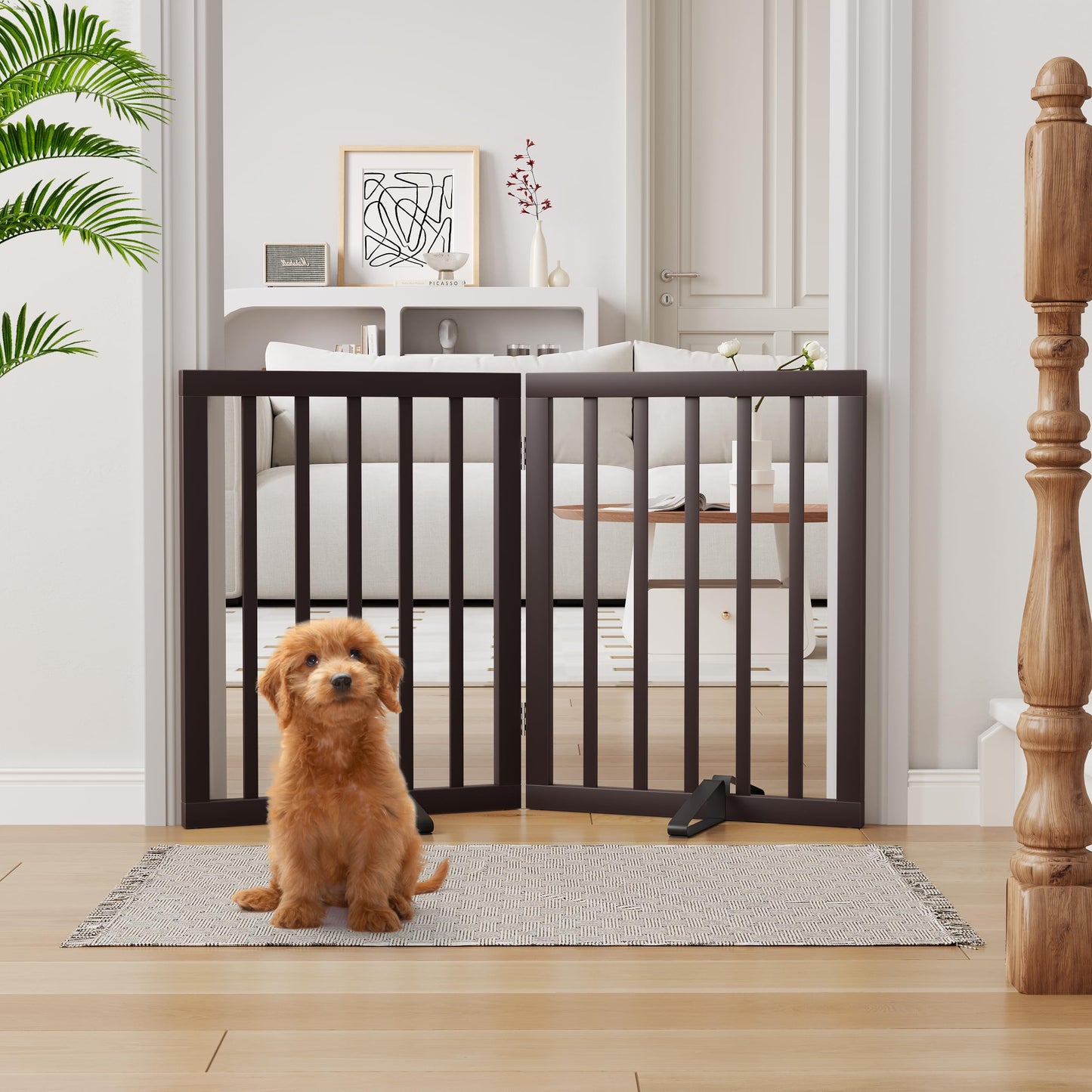 Semiocthome Bamboo Freestanding Dog Gates for Doorways, 2-Panel Indoor Puppy Gates for The House with 2 Metal Stands, 60cm(H) Folding Pet Gate for Stairs Expands Up to 94cm(W) White