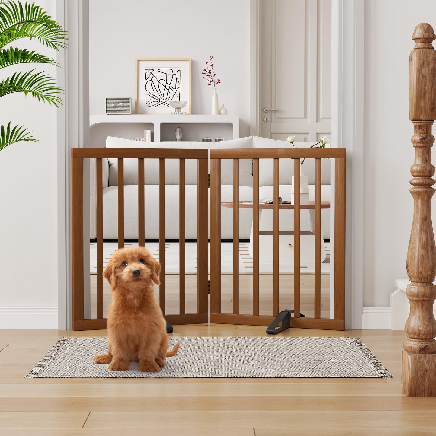 Semiocthome Bamboo Freestanding Dog Gates for Doorways, 2-Panel Indoor Puppy Gates for The House with 2 Metal Stands, 60cm(H) Folding Pet Gate for Stairs Expands Up to 94cm(W) White