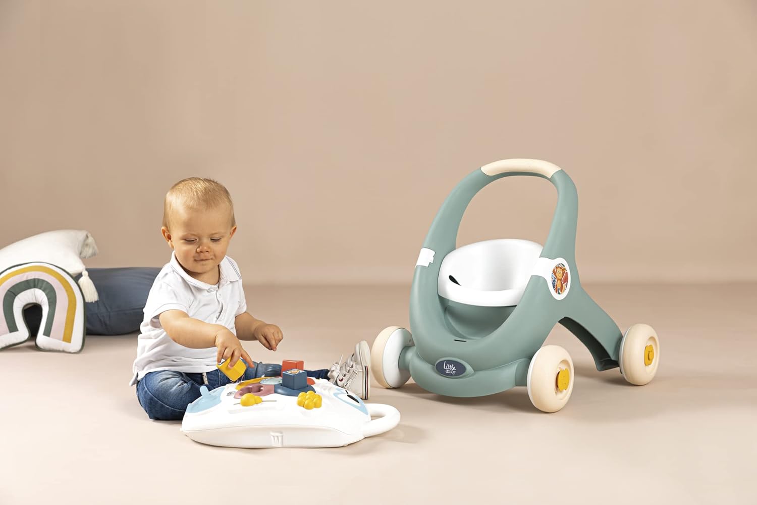 Little Smoby Baby Walker by Smoby Detachable Activity Play Board Baby’s First Doll Pushchair Toy Grows with the Child from Activity Board to Walker with Fun Colours, Actions and Sound, 7600140304