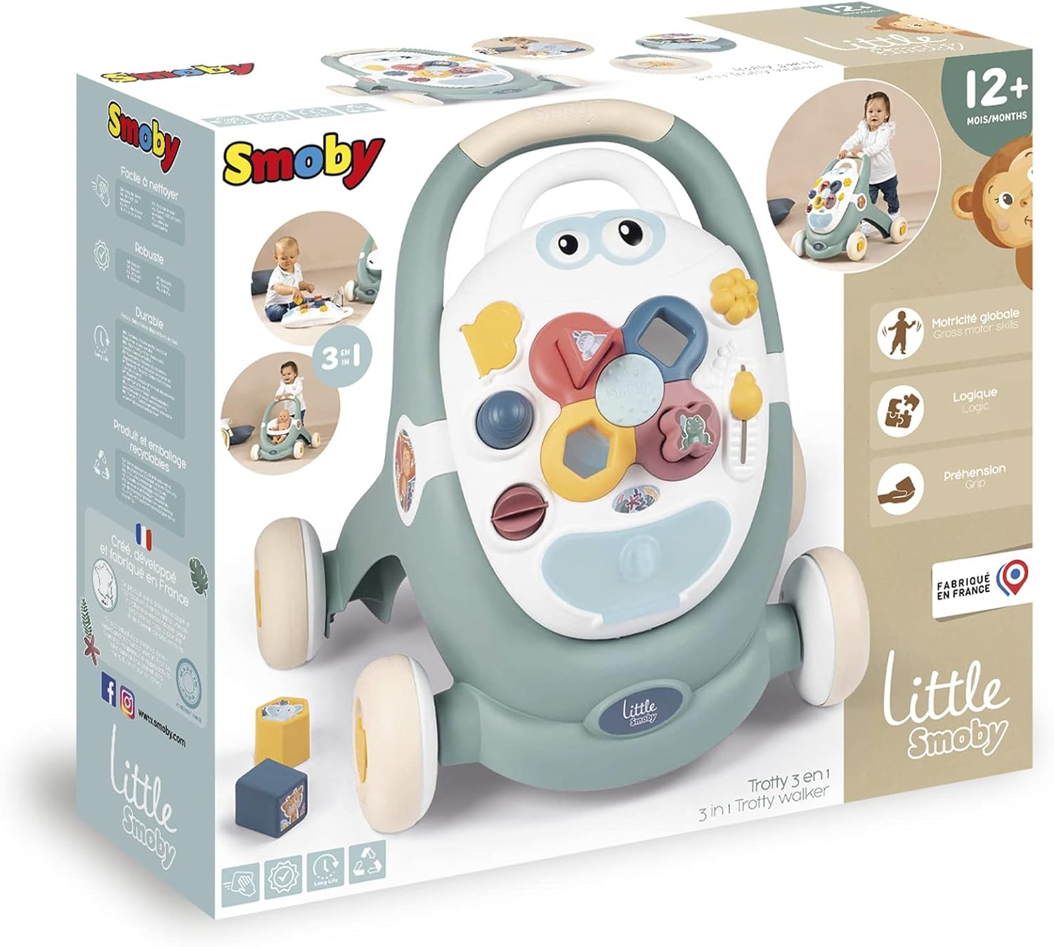 Little Smoby Baby Walker by Smoby Detachable Activity Play Board Baby’s First Doll Pushchair Toy Grows with the Child from Activity Board to Walker with Fun Colours, Actions and Sound, 7600140304