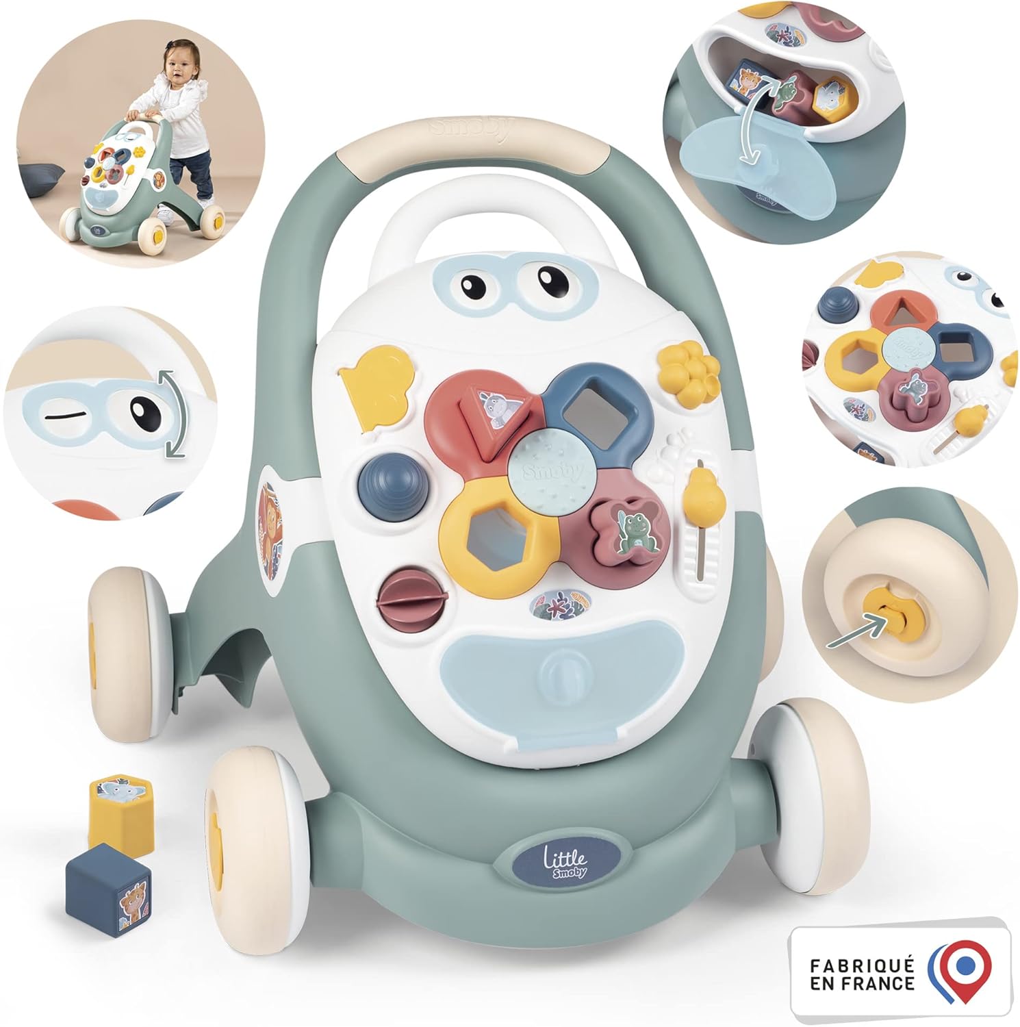 Little Smoby Baby Walker by Smoby Detachable Activity Play Board Baby’s First Doll Pushchair Toy Grows with the Child from Activity Board to Walker with Fun Colours, Actions and Sound, 7600140304