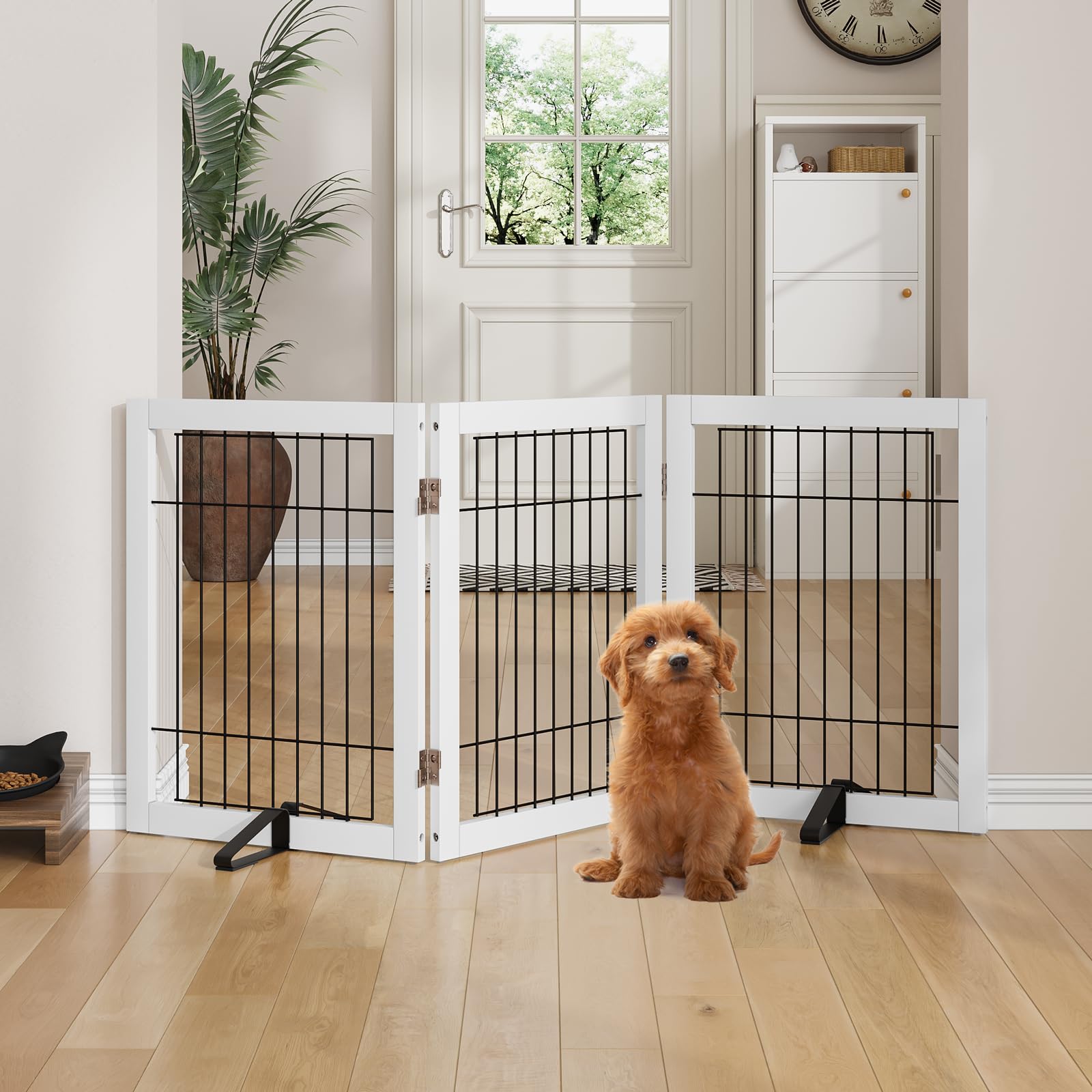 Semiocthome Bamboo Freestanding Dog Gates for Doorways, 2-Panel Indoor Puppy Gates for The House with 2 Metal Stands, 60cm(H) Folding Pet Gate for Stairs Expands Up to 94cm(W) White