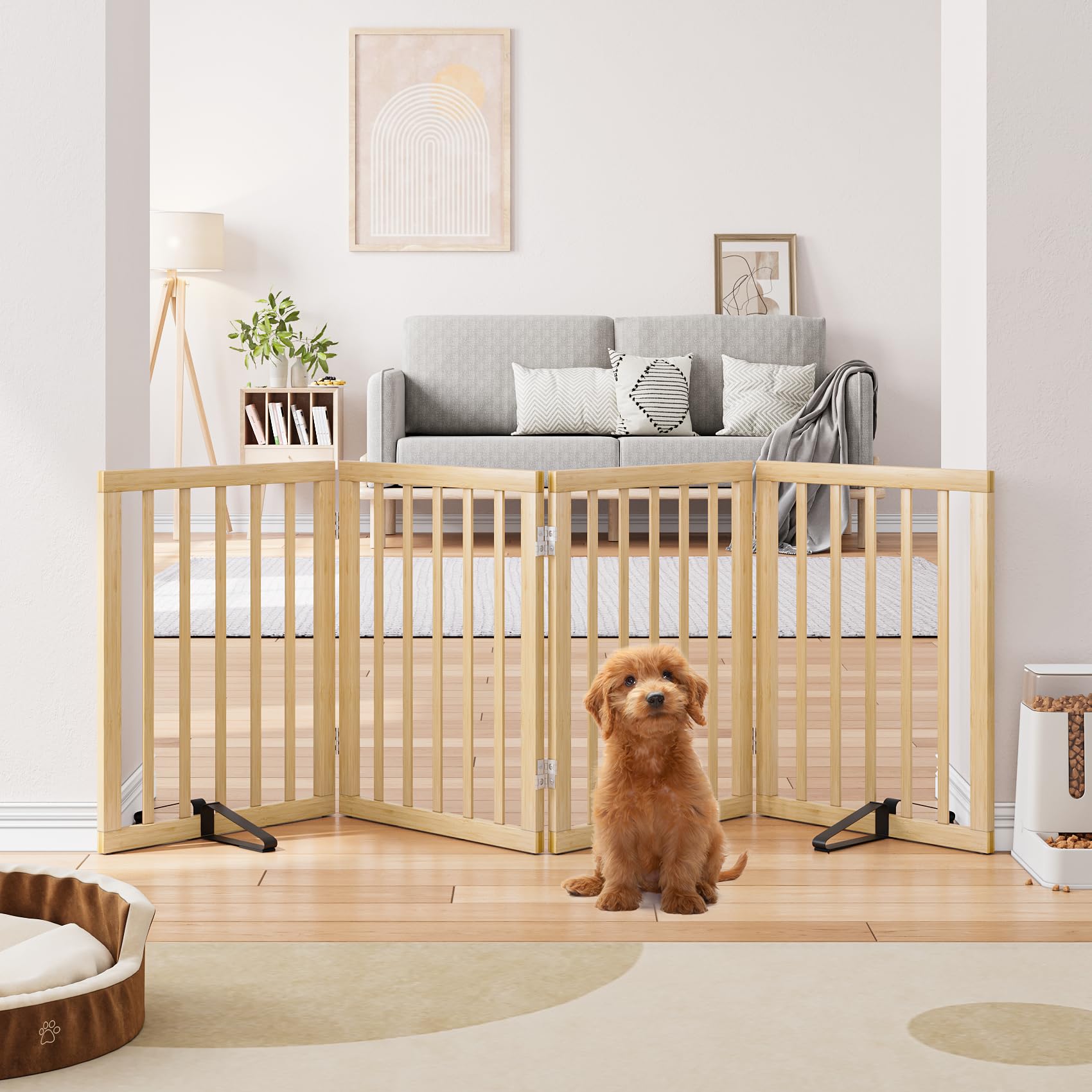 Semiocthome Bamboo Freestanding Dog Gates for Doorways, 2-Panel Indoor Puppy Gates for The House with 2 Metal Stands, 60cm(H) Folding Pet Gate for Stairs Expands Up to 94cm(W) White
