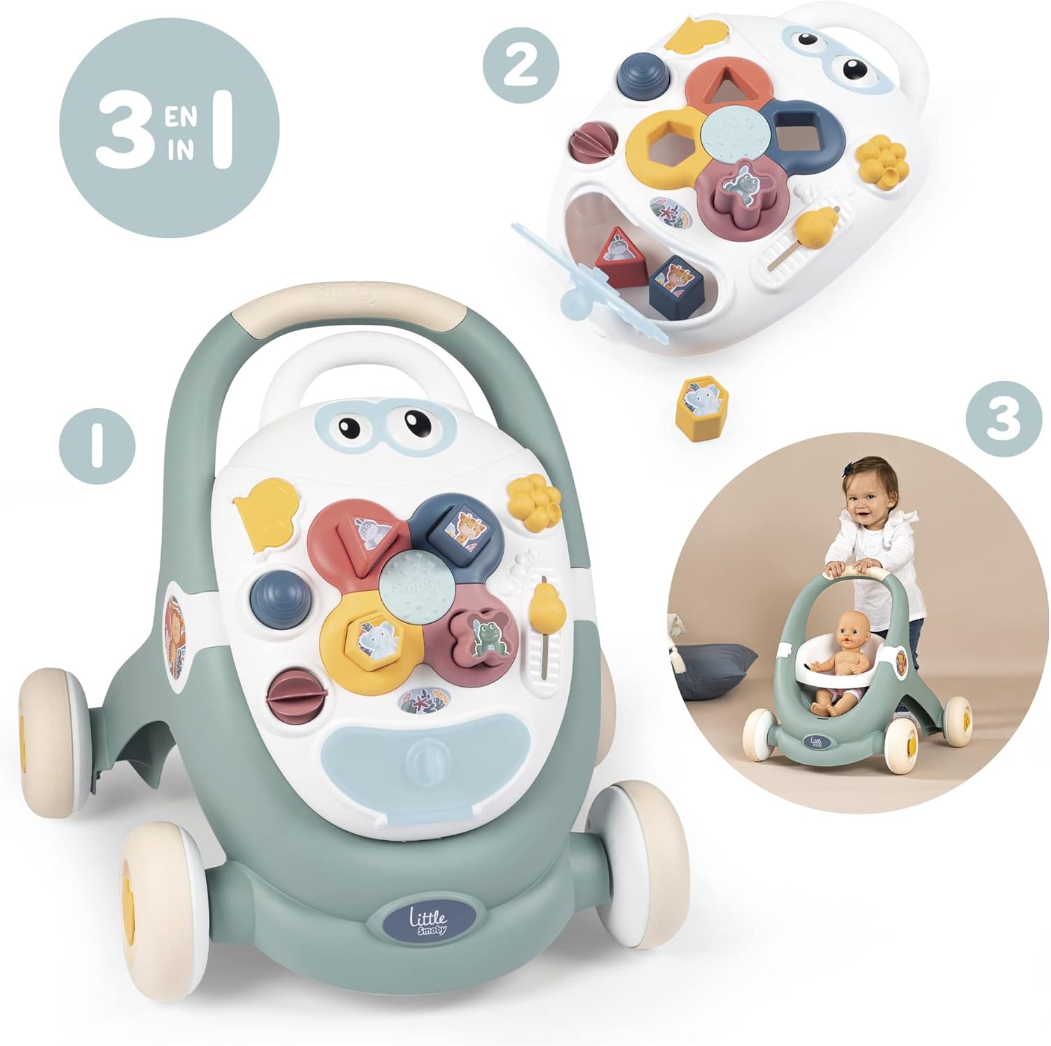 Little Smoby Baby Walker by Smoby Detachable Activity Play Board Baby’s First Doll Pushchair Toy Grows with the Child from Activity Board to Walker with Fun Colours, Actions and Sound, 7600140304
