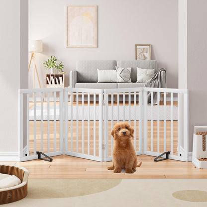 Semiocthome Bamboo Freestanding Dog Gates for Doorways, 2-Panel Indoor Puppy Gates for The House with 2 Metal Stands, 60cm(H) Folding Pet Gate for Stairs Expands Up to 94cm(W) White