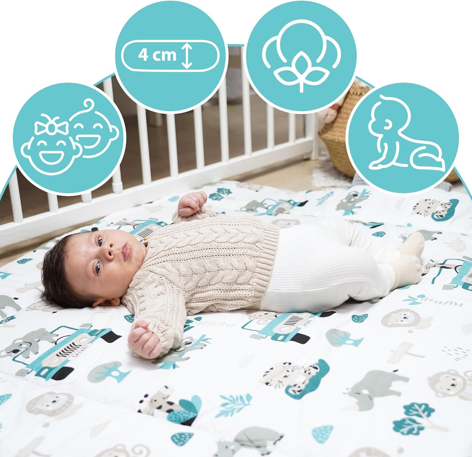 Play Mat for Baby Cotton Playmat Foldable Large - Soft Padded Floor Rug for Kids and Babies Washable Portable mat for Nursery Oeko-Tex certified