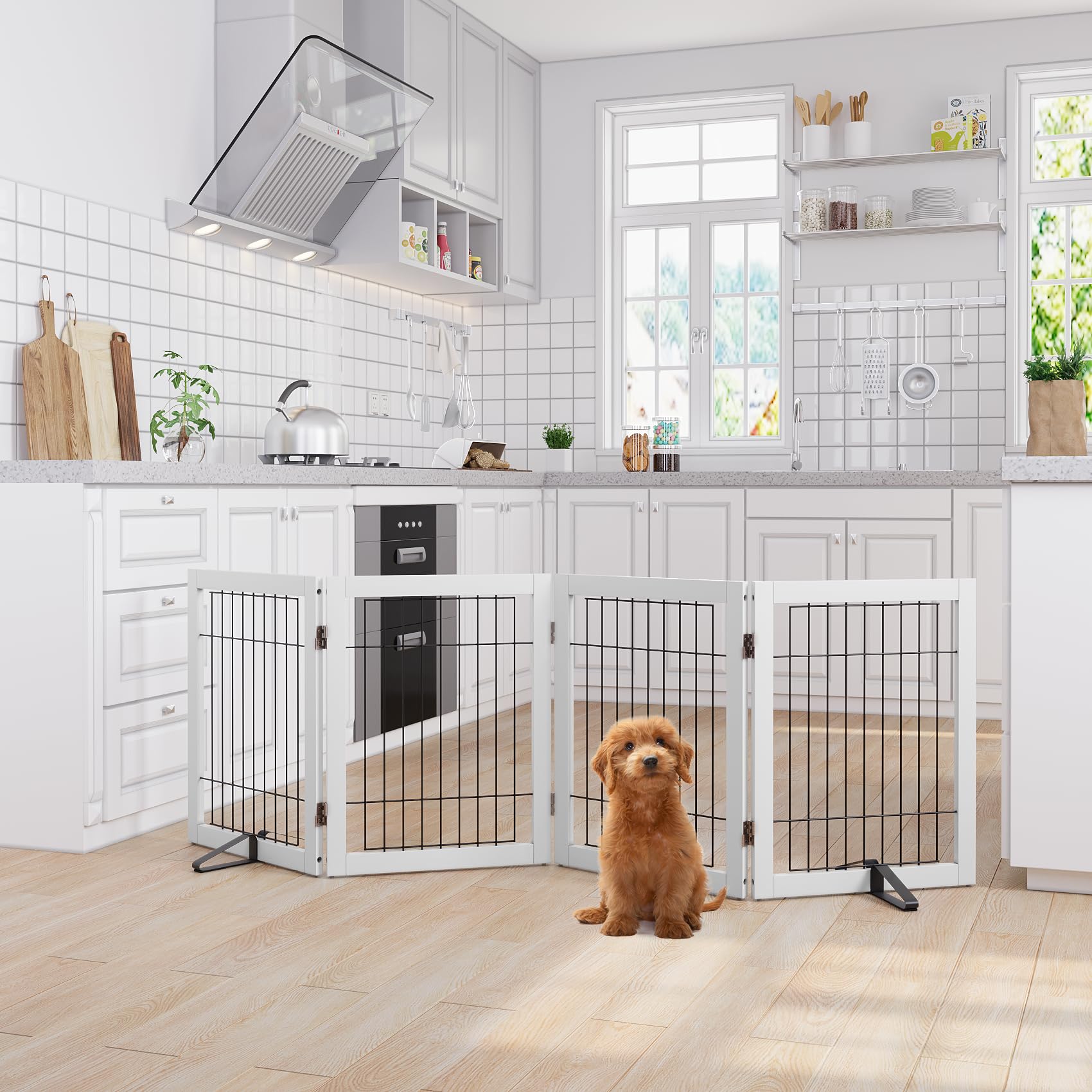 Semiocthome Bamboo Freestanding Dog Gates for Doorways, 2-Panel Indoor Puppy Gates for The House with 2 Metal Stands, 60cm(H) Folding Pet Gate for Stairs Expands Up to 94cm(W) White