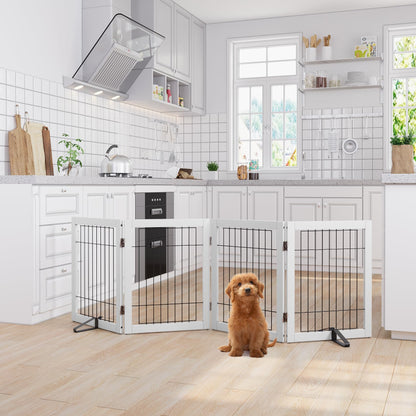 Semiocthome Bamboo Freestanding Dog Gates for Doorways, 2-Panel Indoor Puppy Gates for The House with 2 Metal Stands, 60cm(H) Folding Pet Gate for Stairs Expands Up to 94cm(W) White