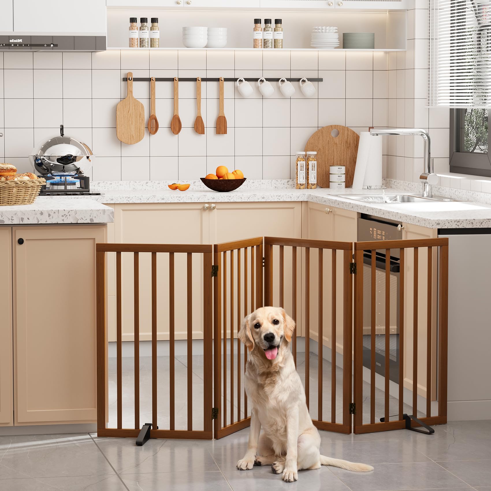 Semiocthome Bamboo Freestanding Dog Gates for Doorways, 2-Panel Indoor Puppy Gates for The House with 2 Metal Stands, 60cm(H) Folding Pet Gate for Stairs Expands Up to 94cm(W) White