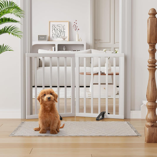 Semiocthome Bamboo Freestanding Dog Gates for Doorways, 2-Panel Indoor Puppy Gates for The House with 2 Metal Stands, 60cm(H) Folding Pet Gate for Stairs Expands Up to 94cm(W) White