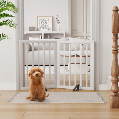 Semiocthome Bamboo Freestanding Dog Gates for Doorways, 2-Panel Indoor Puppy Gates for The House with 2 Metal Stands, 60cm(H) Folding Pet Gate for Stairs Expands Up to 94cm(W) White