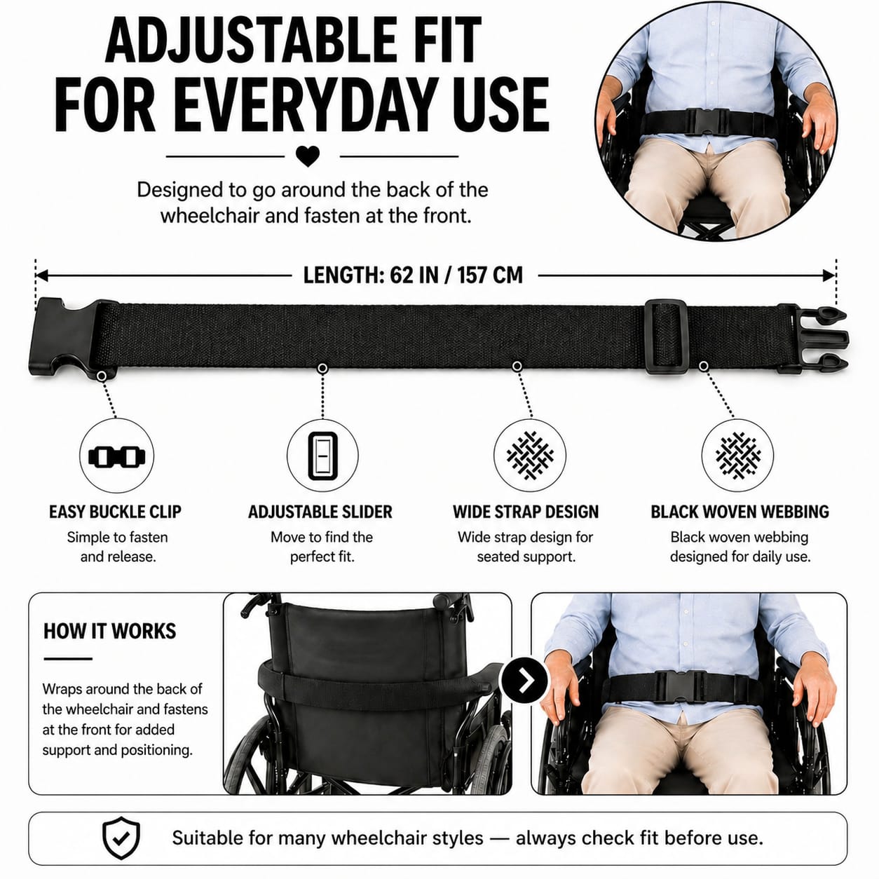 Adjustable Wheelchair Belt with Buckle, Nylon Wheelchair Lap Strap for Adults, Carers and Geriatric Armchairs