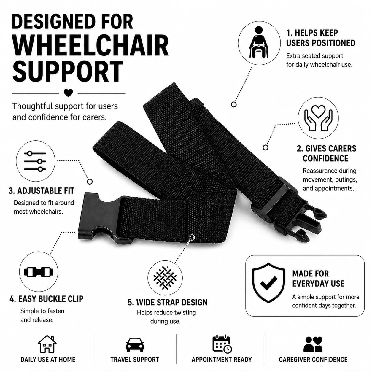 Adjustable Wheelchair Belt with Buckle, Nylon Wheelchair Lap Strap for Adults, Carers and Geriatric Armchairs