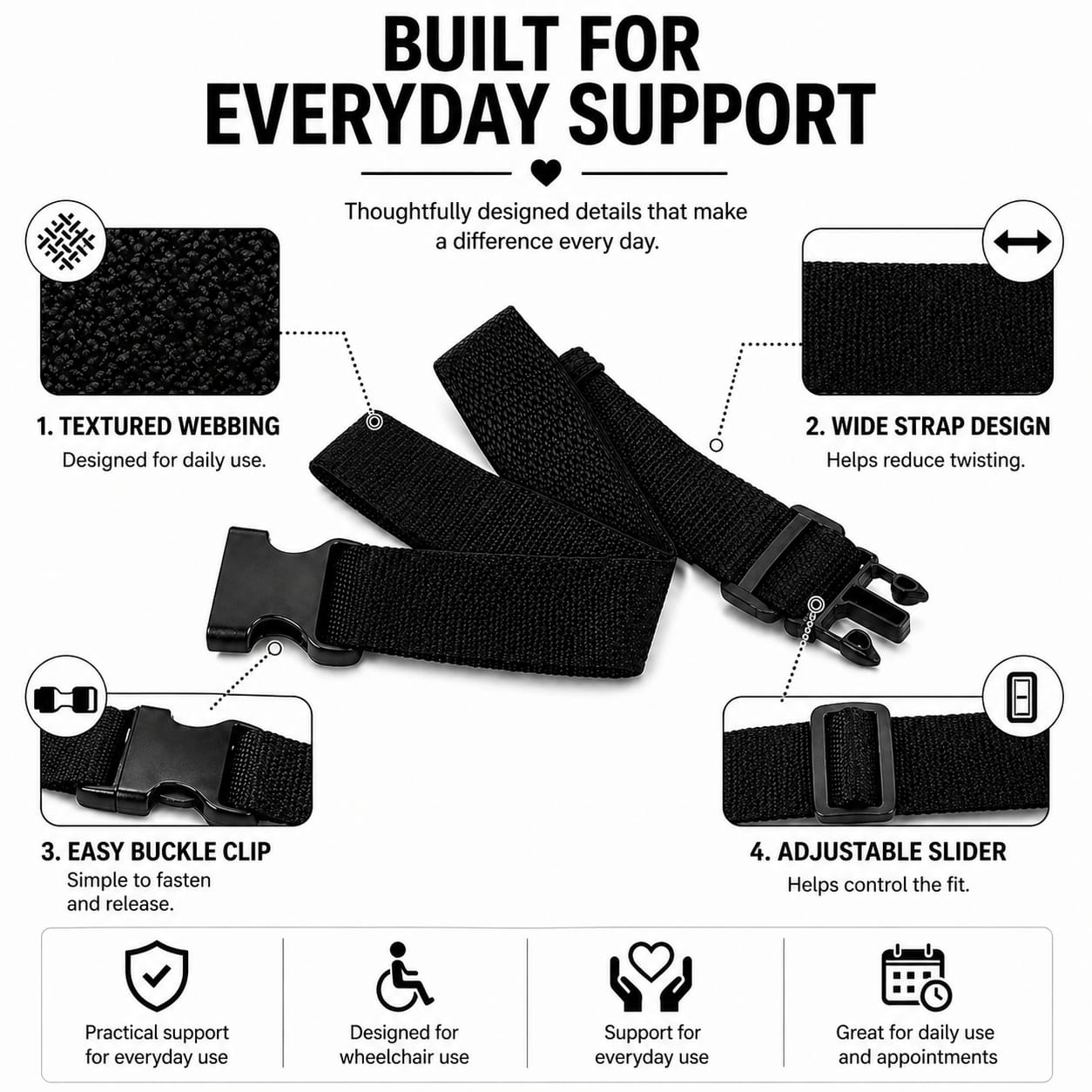 Adjustable Wheelchair Belt with Buckle, Nylon Wheelchair Lap Strap for Adults, Carers and Geriatric Armchairs