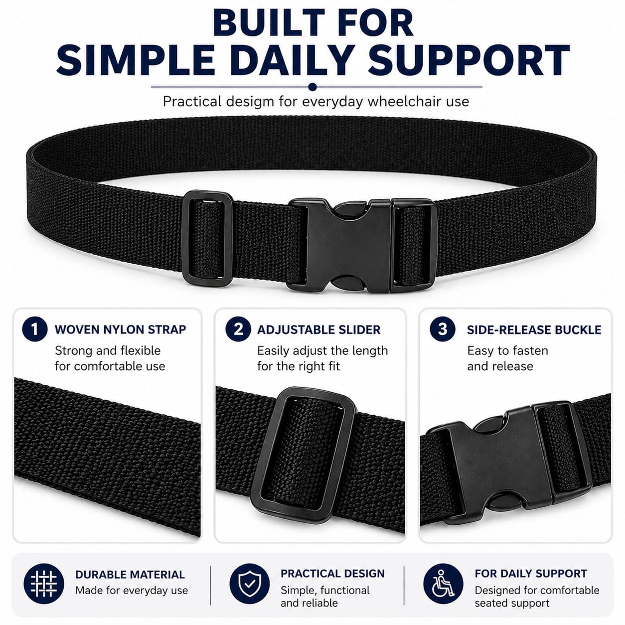 Adjustable Wheelchair Belt with Buckle, Nylon Wheelchair Lap Strap for Adults, Carers and Geriatric Armchairs